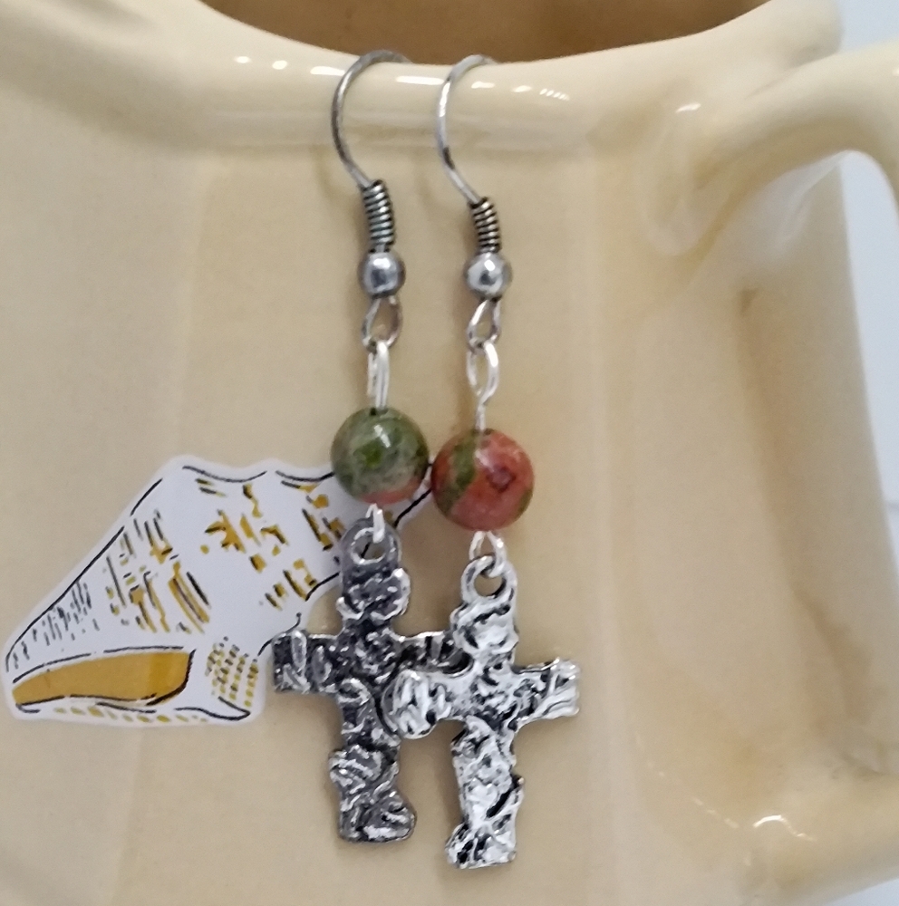 Silver Cross Earrings with Moss Agate